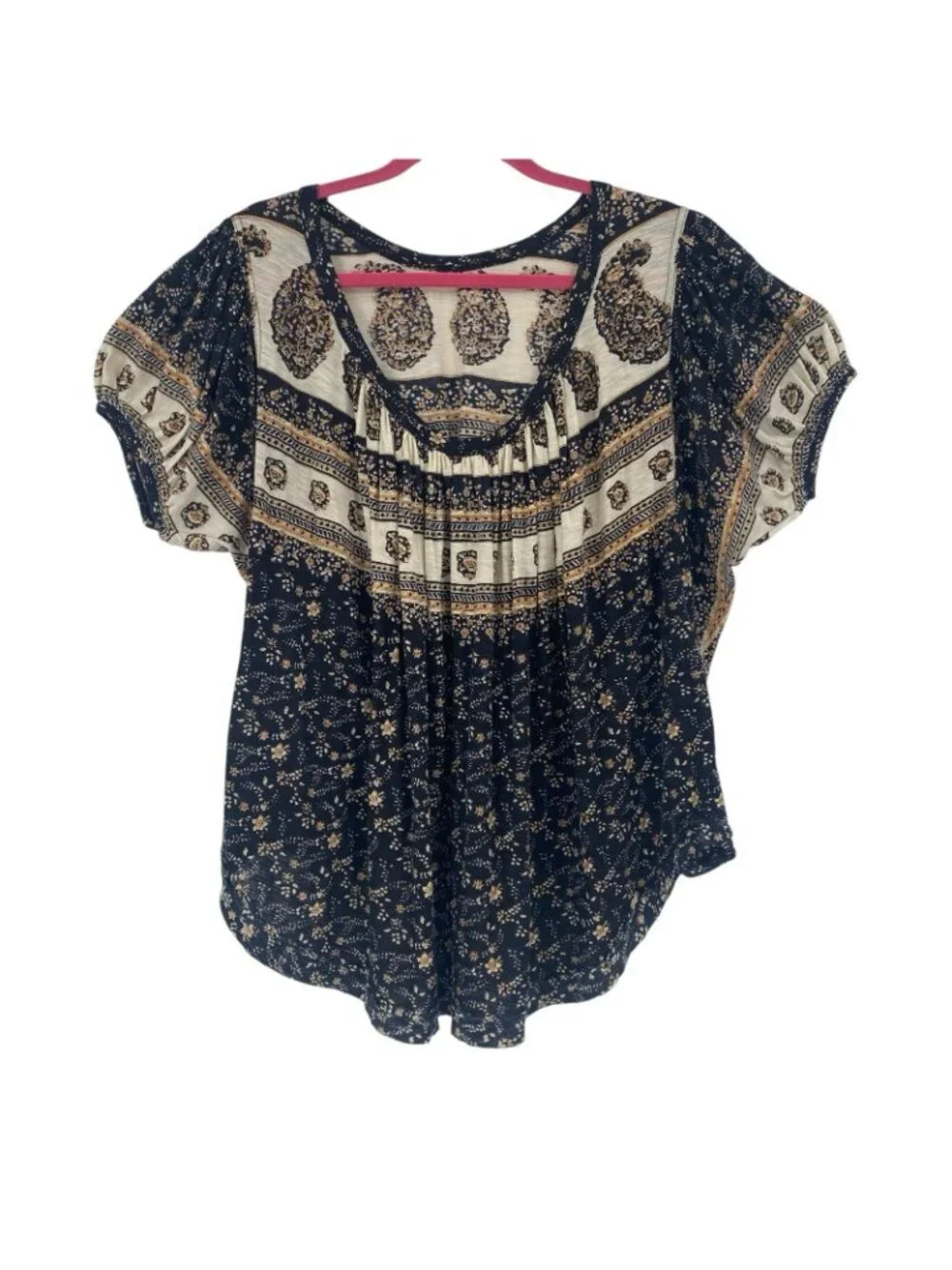Free People Size M Paisley Puff Sleeve High Neck Black Low Scoop Back Shirt Top